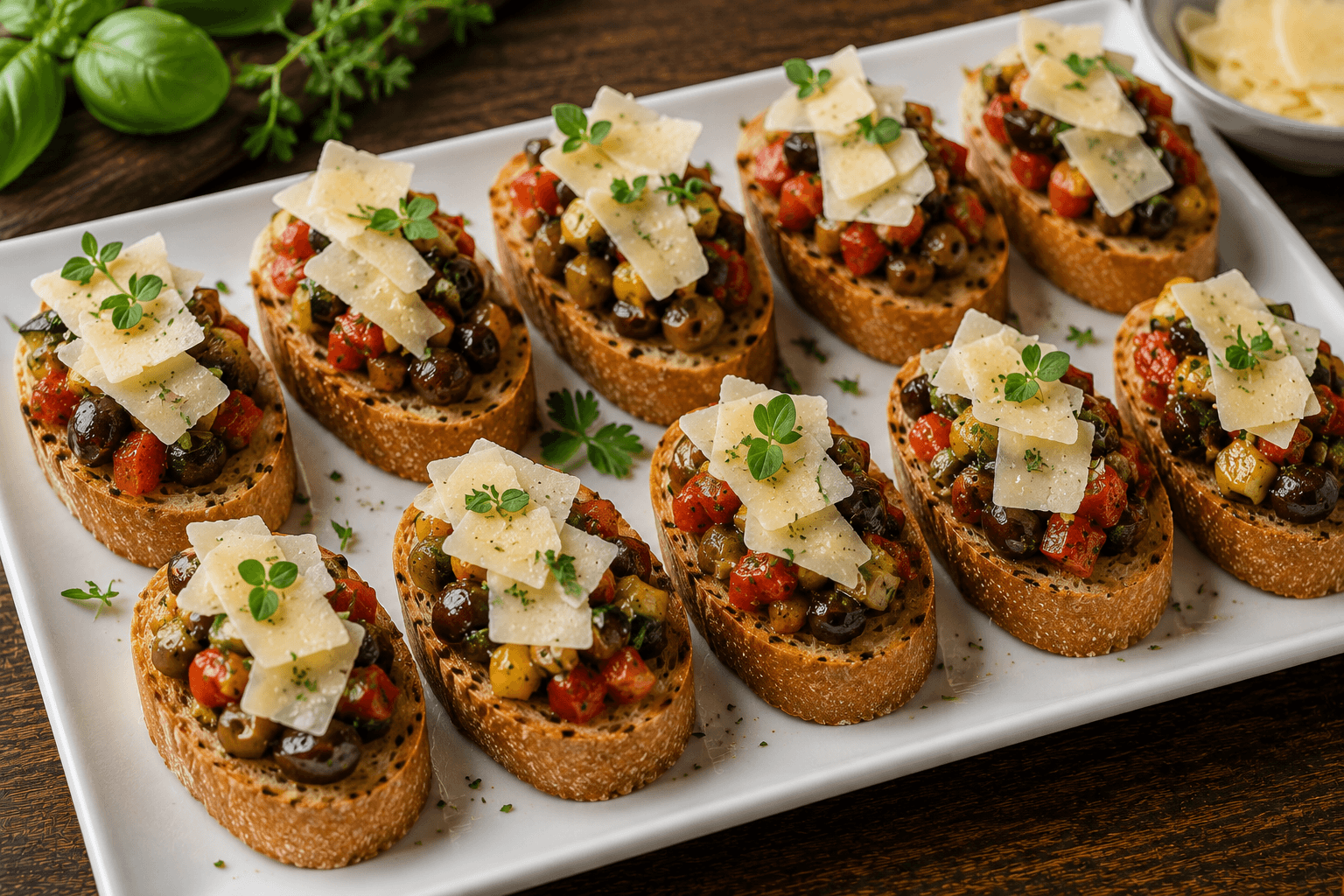 Antipasti-Bruschetta mit gehobeltem Parmesan
