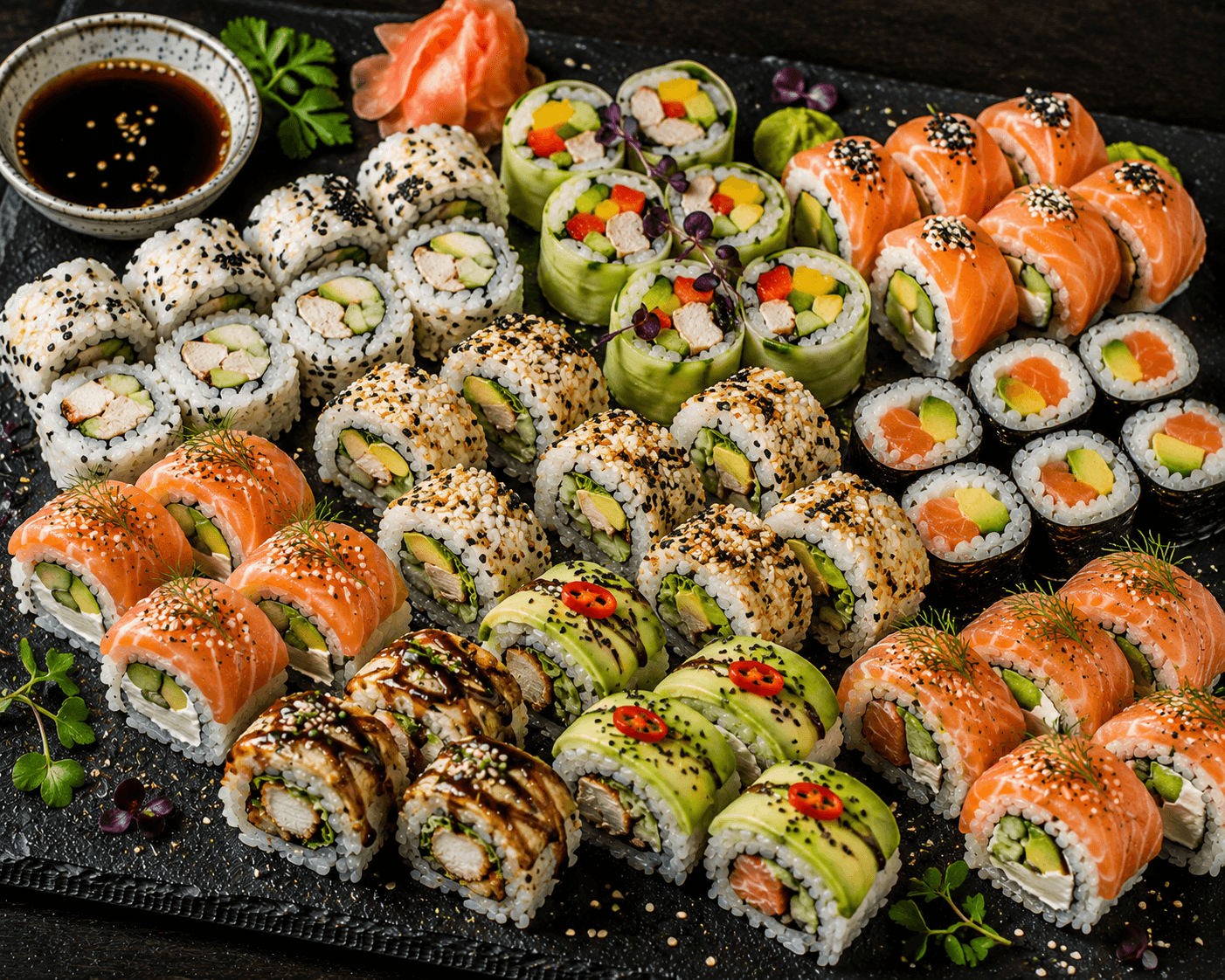 Bunte Sushi-Auswahl mit Hähnchen, Räucherlachs und Avocado