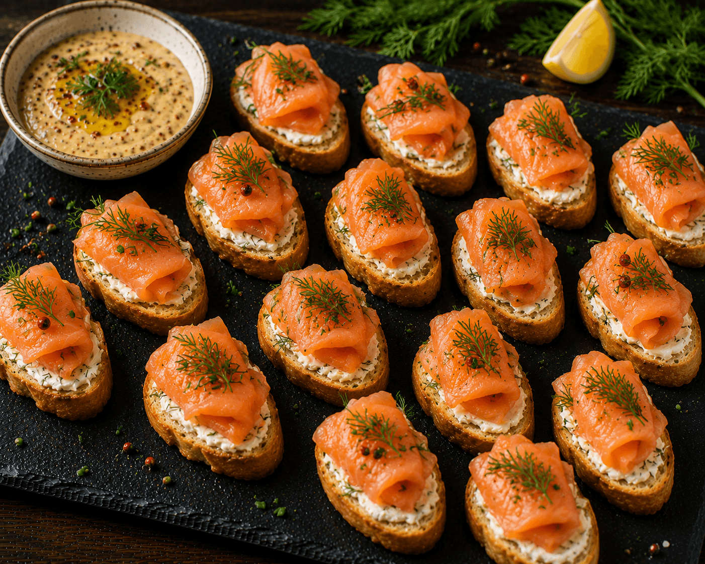 Crostini mit Räucherlachs und Senf-Dill-Honig-Dip