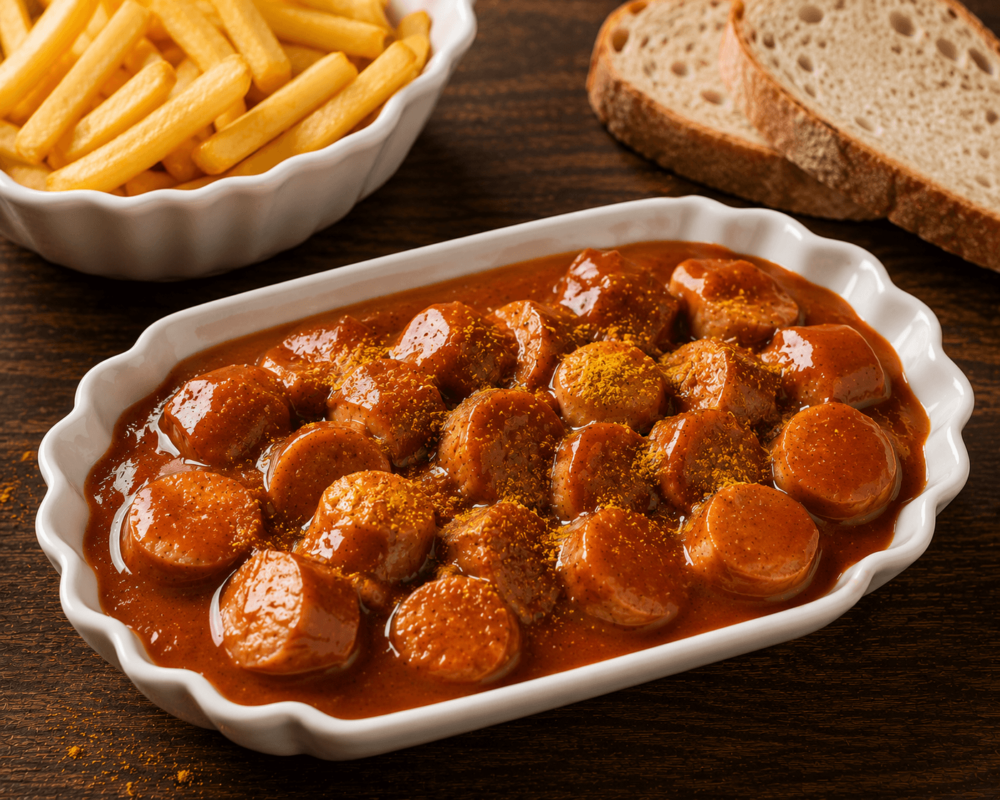 Currywurst mit hausgemachter Soße, dazu Brot