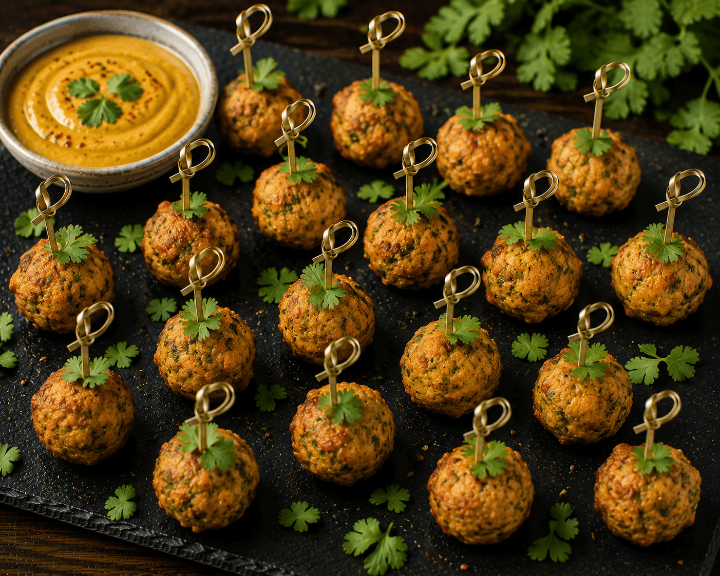 Hähnchen-Koriander-Bällchen mit Curry-Dip
