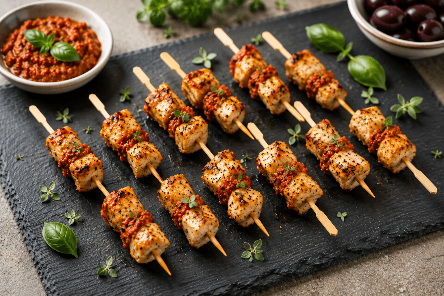 Hähnchen-Spieße mit rotem Tomaten-Pesto