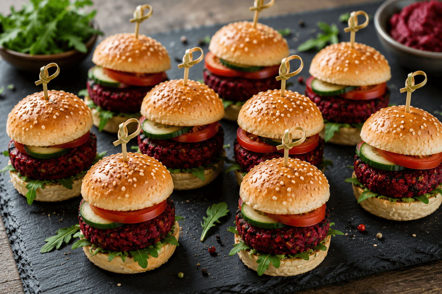 Mini-Burger mit Tomate, Gurke und Rote-Beete-Bratling