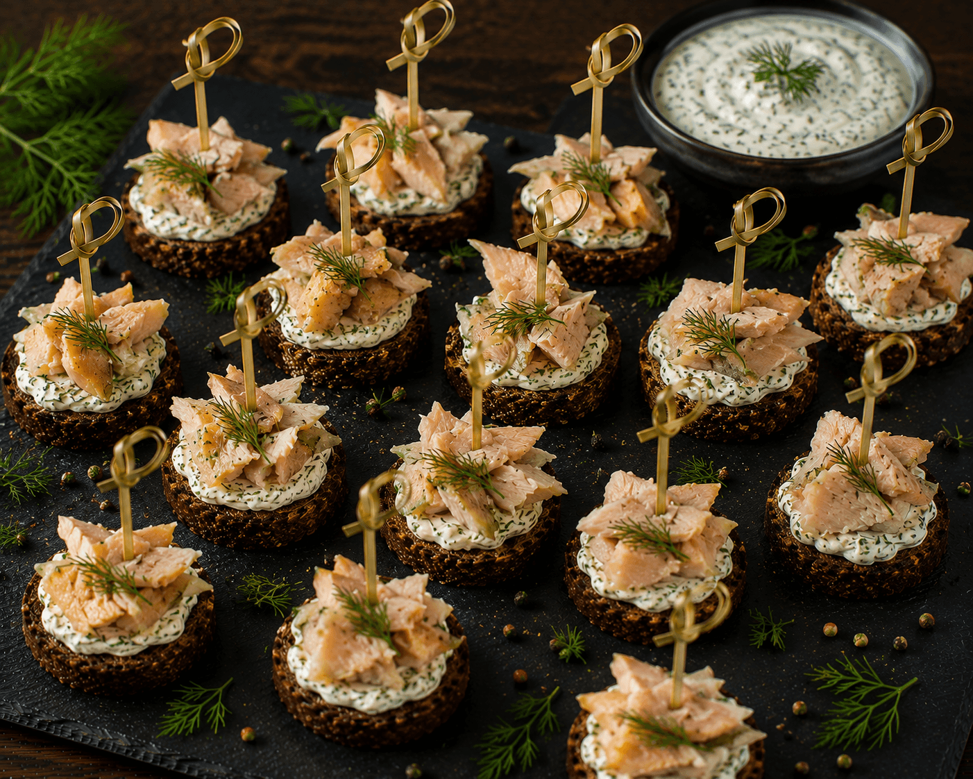 Pumpernickel-Taler mit geräucherter Forelle und Dill-Dip