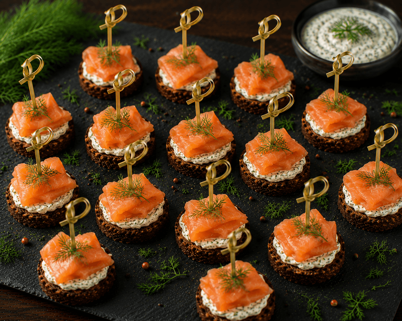 Pumpernickel-Taler mit geräuchertem Lachs und Dill-Dip
