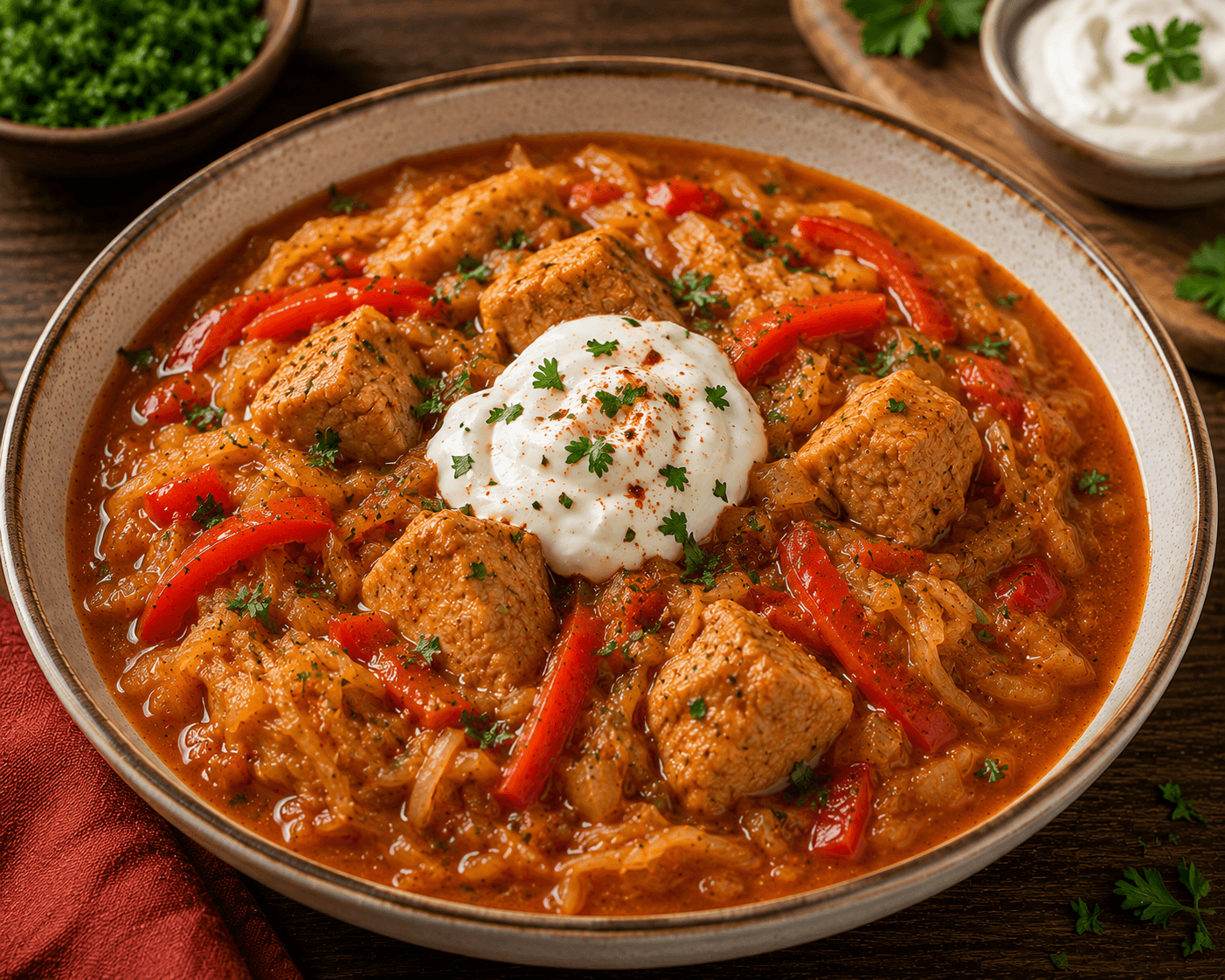 Putenkeulengulasch „Szegediner Art“ mit Weißkraut, Paprika und Schmand