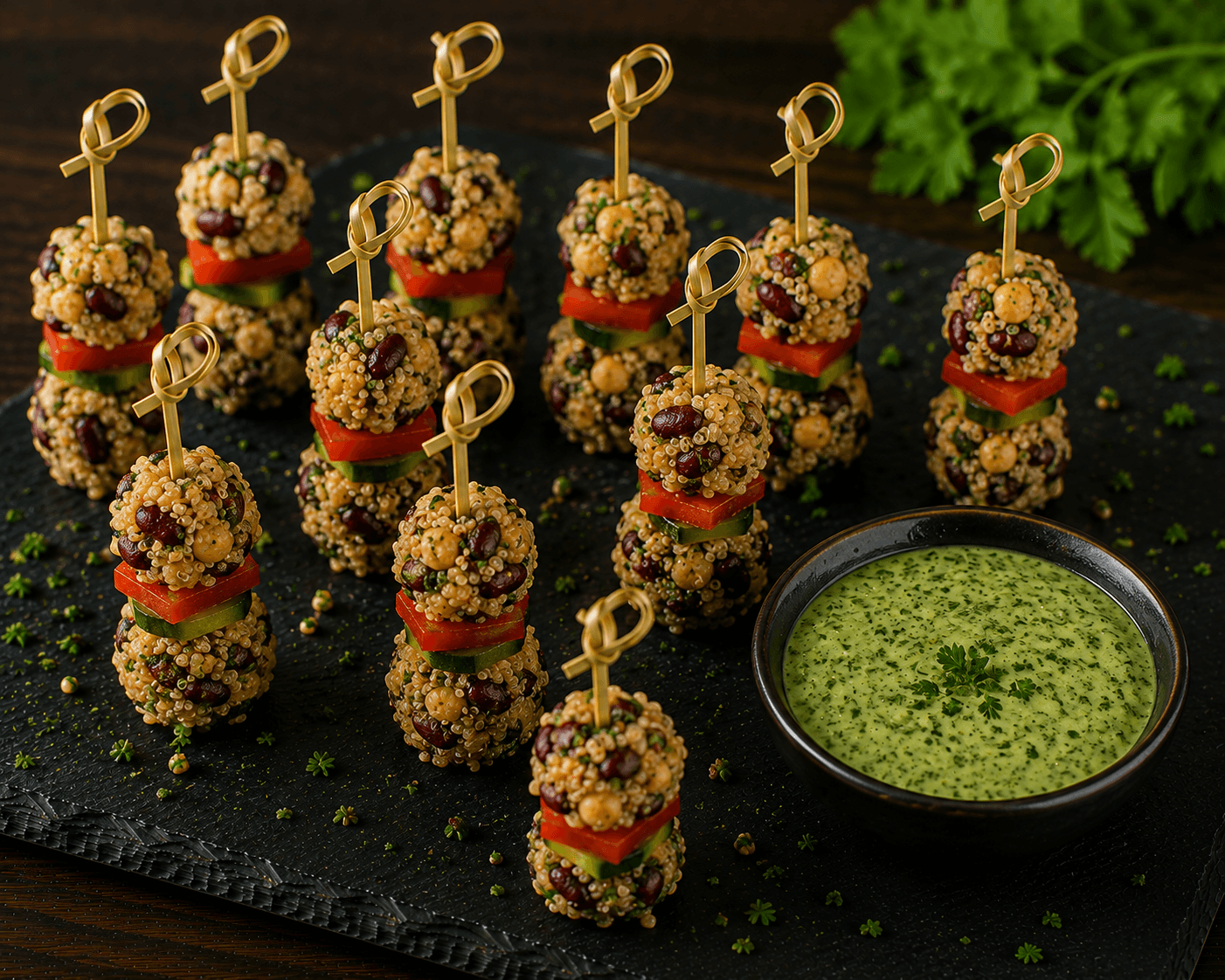Quinoa-Bohnen-Spieße mit grüner Kräutersoße