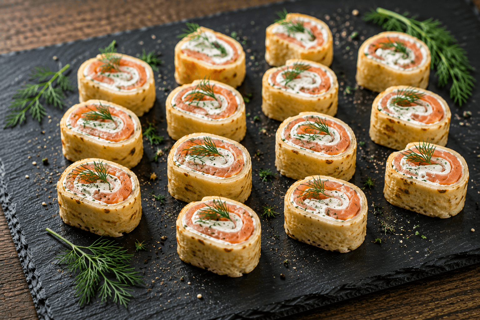 Räucherlachs-Crespelle mit Dill und Crème fraîche