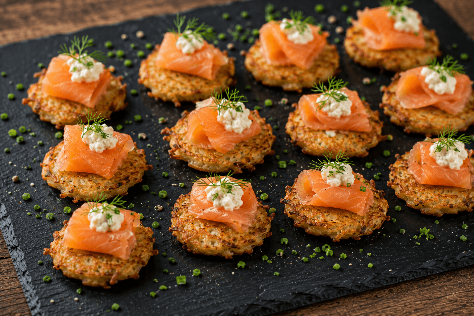 Mini-Rievkoche mit Räucherlachs und Meerrettich
