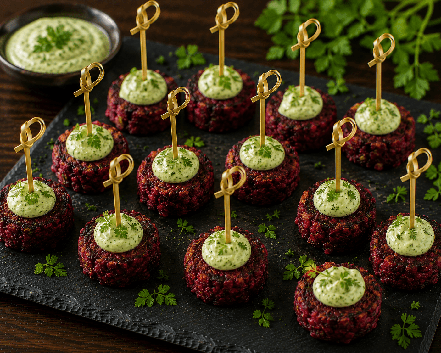 Rote-Beete-Pflanzerl mit Kerbel-Estragon-Dip