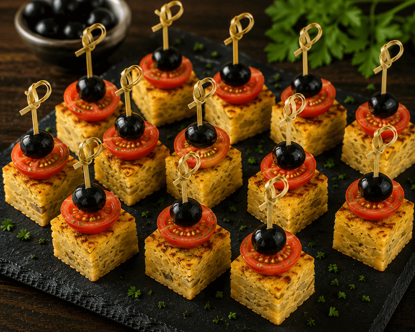 Spanische Tortilla-Würfel mit Cherry-Tomaten und Oliven