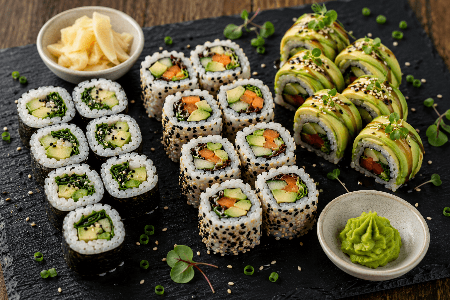 Sushi-Auswahl mit Wasabi und mariniertem Ingwer
