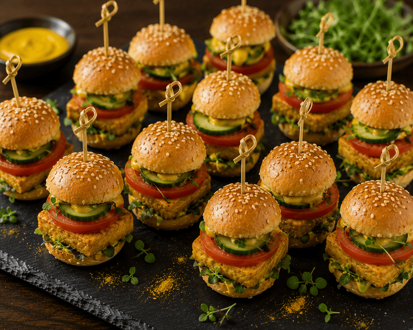 Tofu-Burger mit Tomate, Gurke und Curry